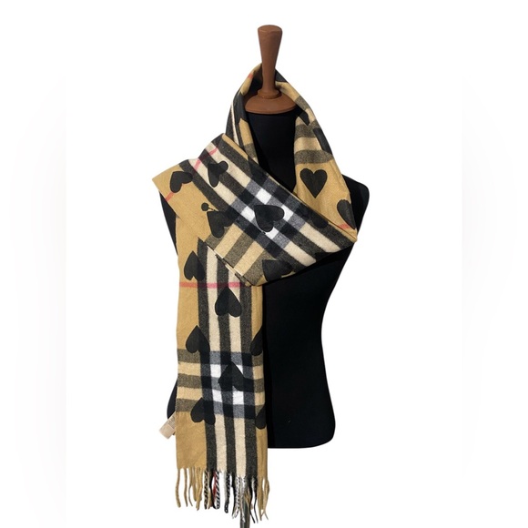BURBERRY Classic Nova Check Plaid Cashmere Black Heart Beige SCARF (B-16/56) - Picture 2 of 5